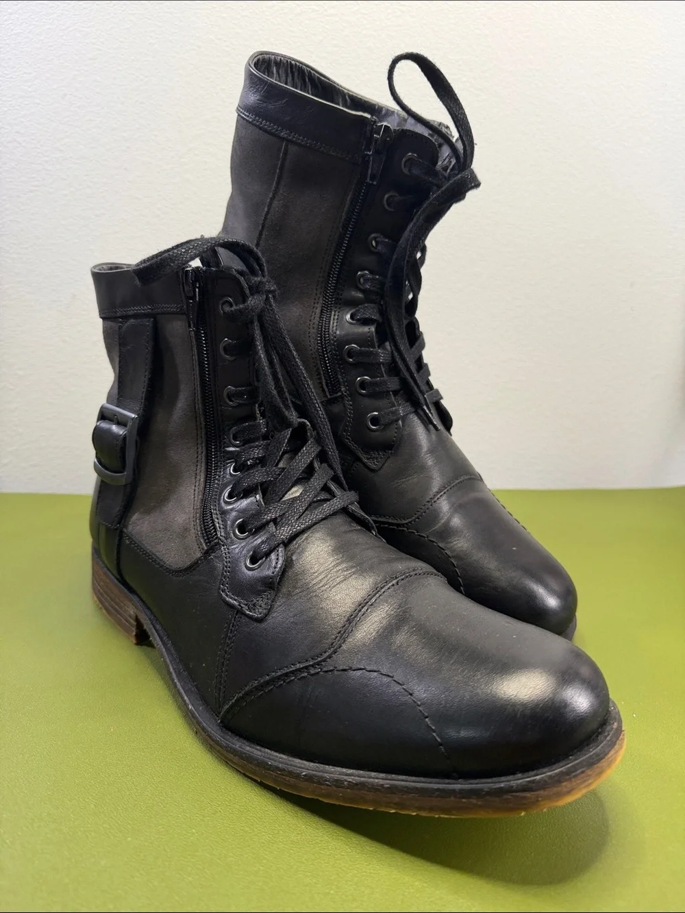 Steve Madden Black Leather Lace-Up Zip Combat Boots Size 12